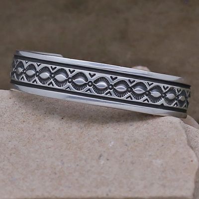 Navajo silver bracelet w/ detailed stamping by T.O. White
