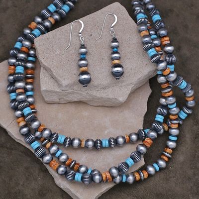 3-strand silver bead necklace w/ orange spiny &amp; turquoise