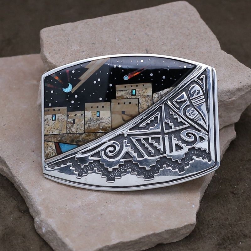 1/2 Adobe Pueblo 1/2 silver storm pattern belt buckle-Calvin Begay