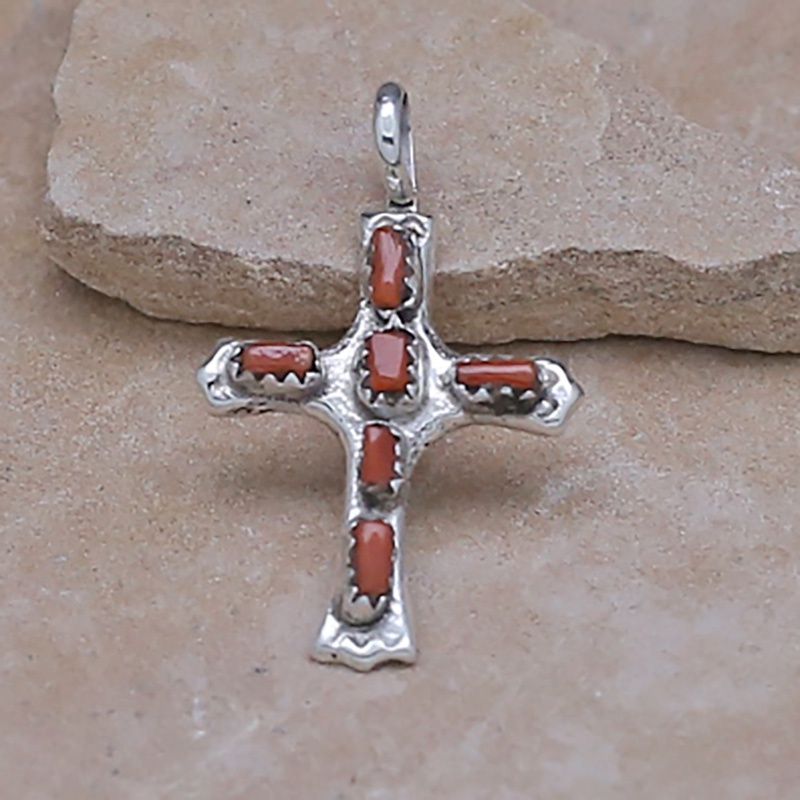 Zuni needle point cross pendant w/ coral