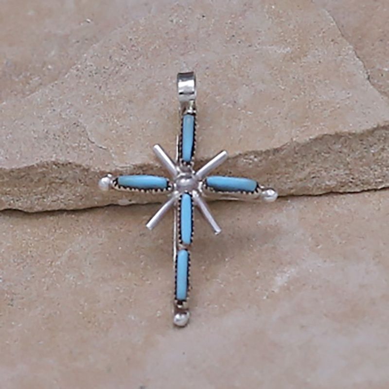Small Zuni needle point cross pendant w/turquoise