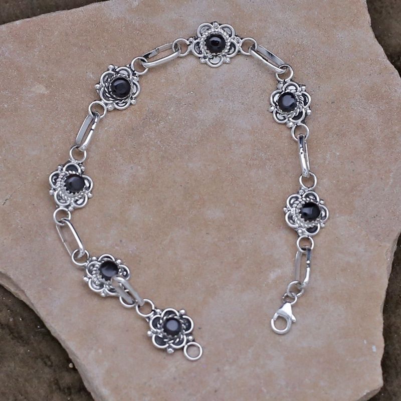 Zuni flower link bracelet w/ black jet