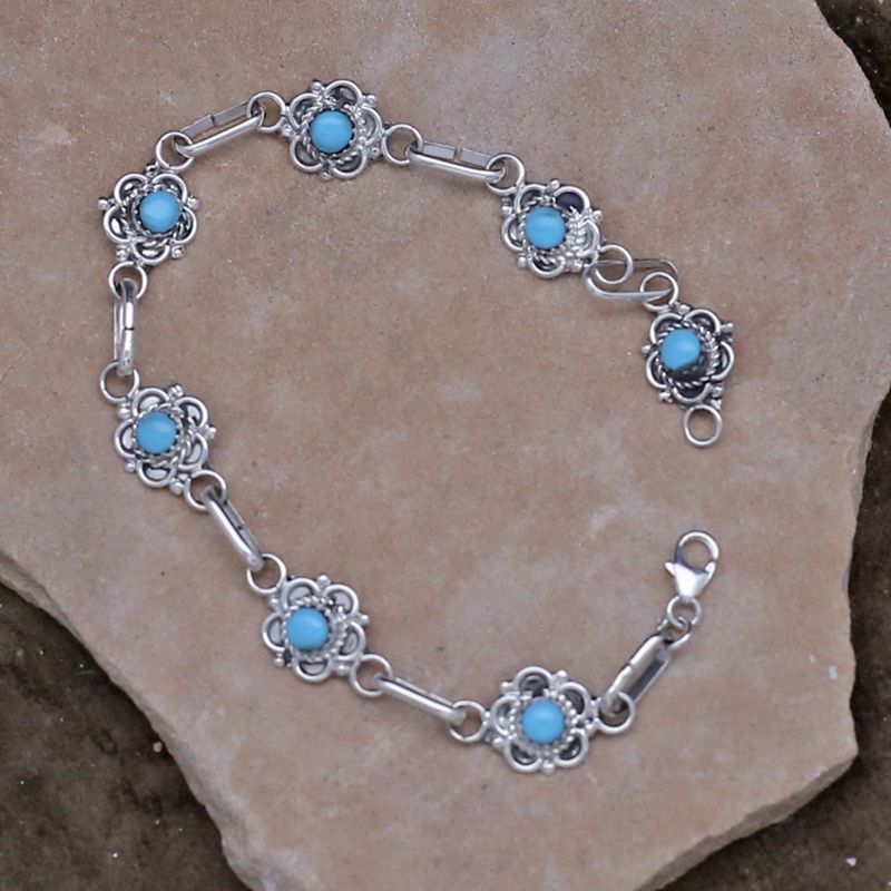 Zuni flower link bracelet w/ turquoise