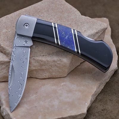 Jewel collection Damascus knife w/ lapis &amp; black onyx inlay