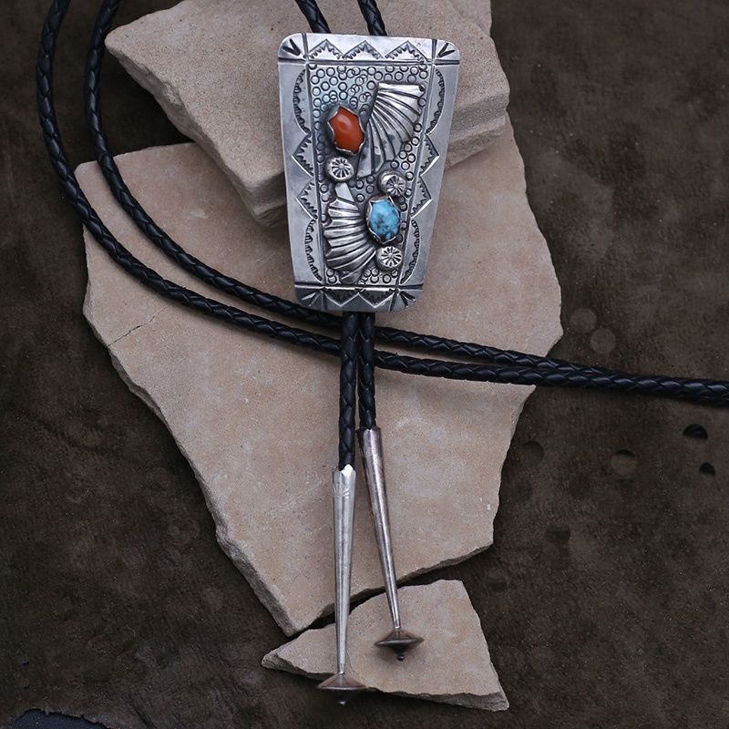 1970&#39;s Navajo turquoise and coral bolo tie