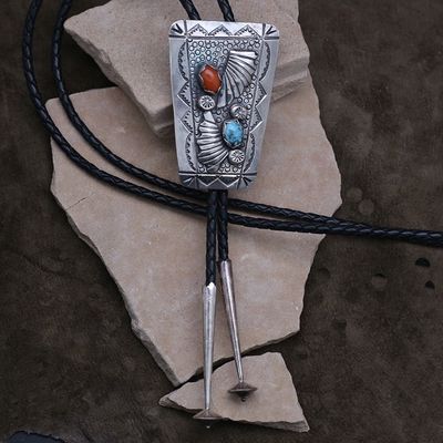 1970&#39;s Navajo turquoise and coral bolo tie