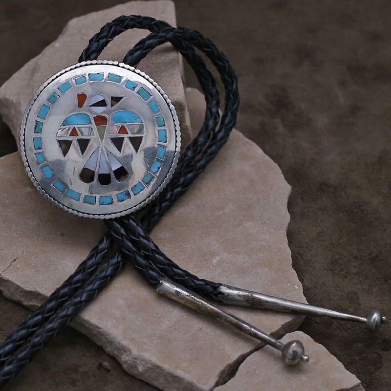 Zuni round inlay thunder bird bolo tie