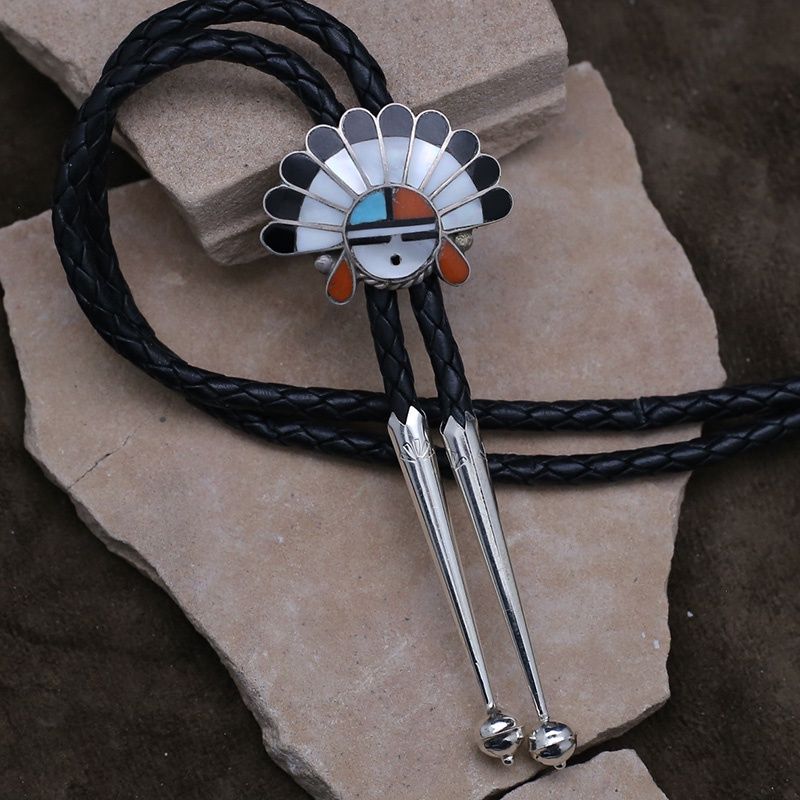 Zuni inlay headdress/sunface  inlay bolo tie