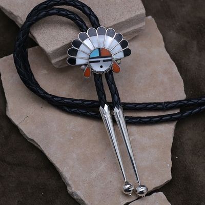 Zuni inlay headdress/sunface  inlay bolo tie