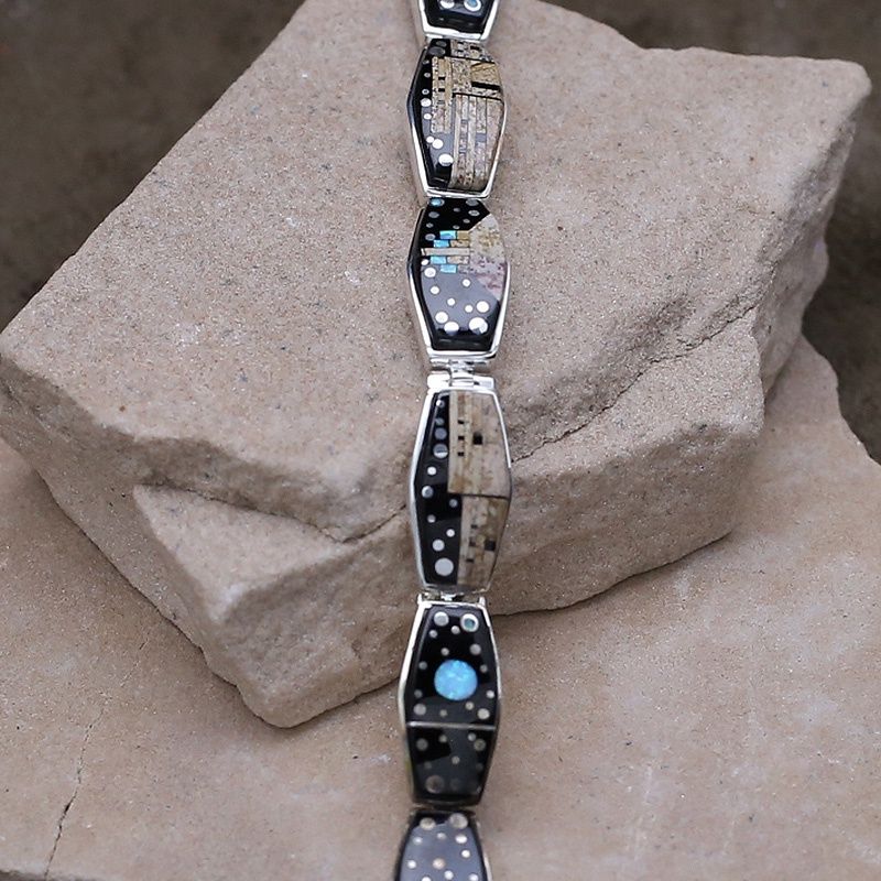 Adobe Pueblo inlay link bracelet w/ shiprock mountain design