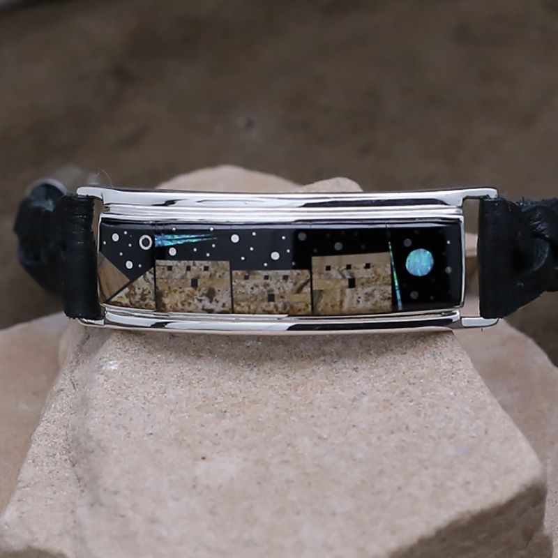 Large inlay bracelet w/ leather strap