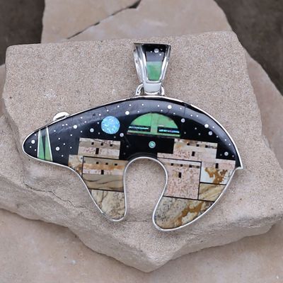 Inlay bear pendant w/ pueblo and night sky design