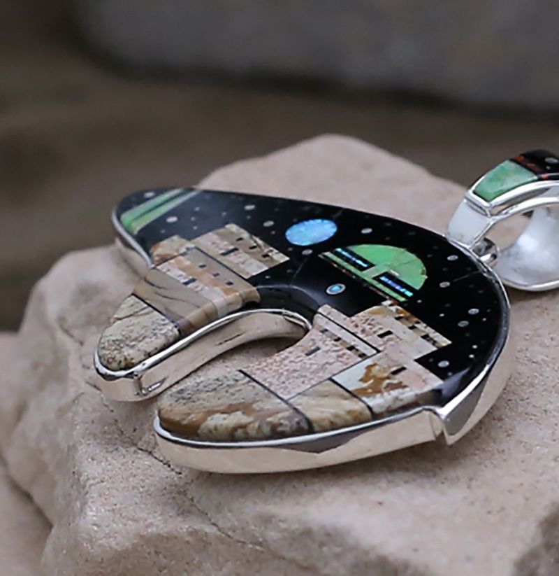 Inlay bear pendant w/ pueblo and night sky design