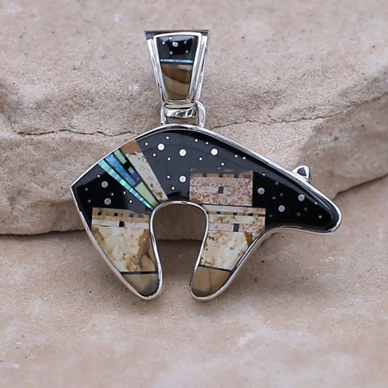 Reversible Adobe pueblo inlay bear pendant