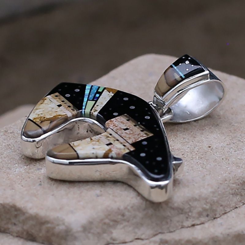 Reversible Adobe pueblo inlay bear pendant