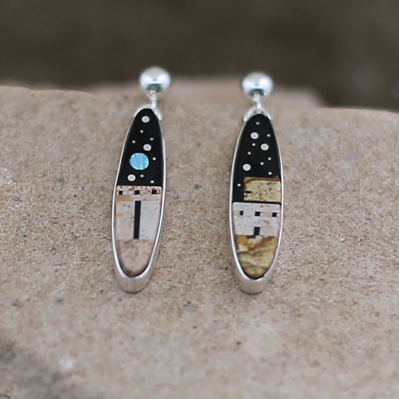 Oval dangle earrings w/ Adobe Pueblo design