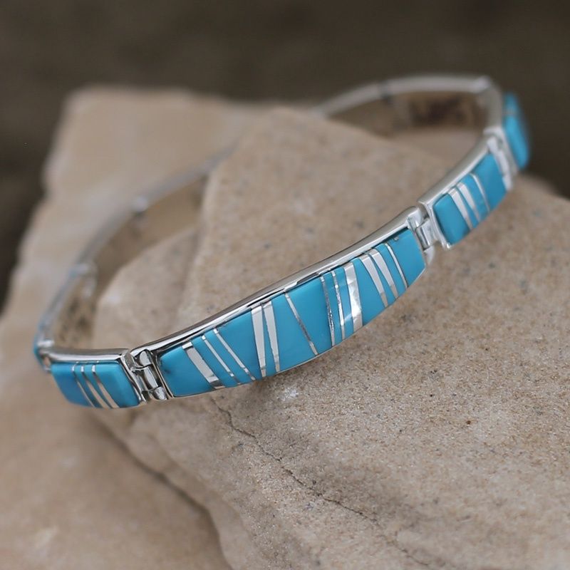 Wide Navajo turquoise inlay link bracelet