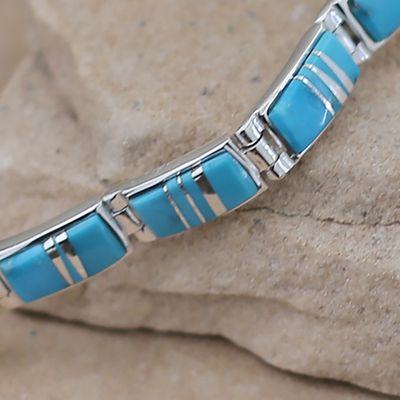 Wide Navajo turquoise inlay link bracelet