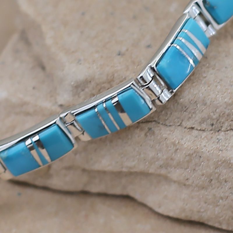 Wide Navajo turquoise inlay link bracelet