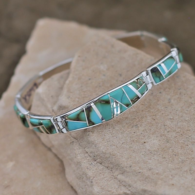 Wide Navajo turquoise inlay link bracelet by Valerie Yazzie