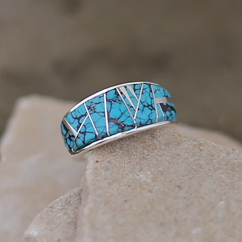 Wide taper  inlay ring- Spiderweb turquoise
