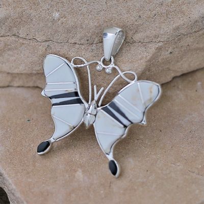 Navajo inlay butterfly pendant w/ White buffalo stone &amp; jet