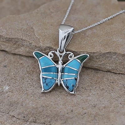 Small inlay butterfly pendant w/ turquoise
