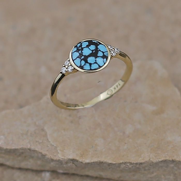 14k.  gold Spiderweb turquoise ring with diamonds