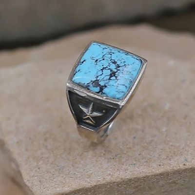 Square turquoise ring with silver stars