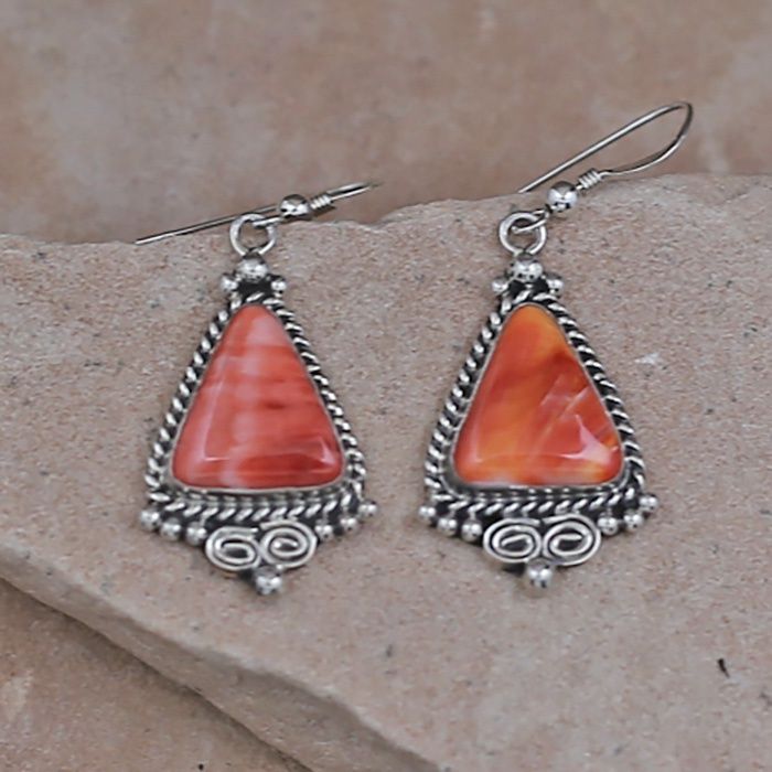 Navajo dangle earrings w/ red spiny oyster shell