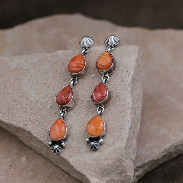 Long dangle earrings w/ orange &amp; red spiny oyster shell