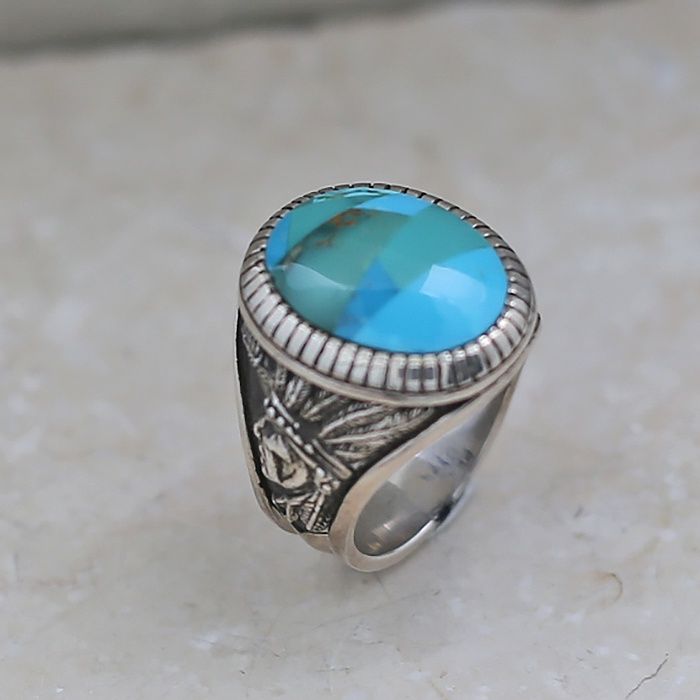 Oval turquoise inlay ring w/ chief head