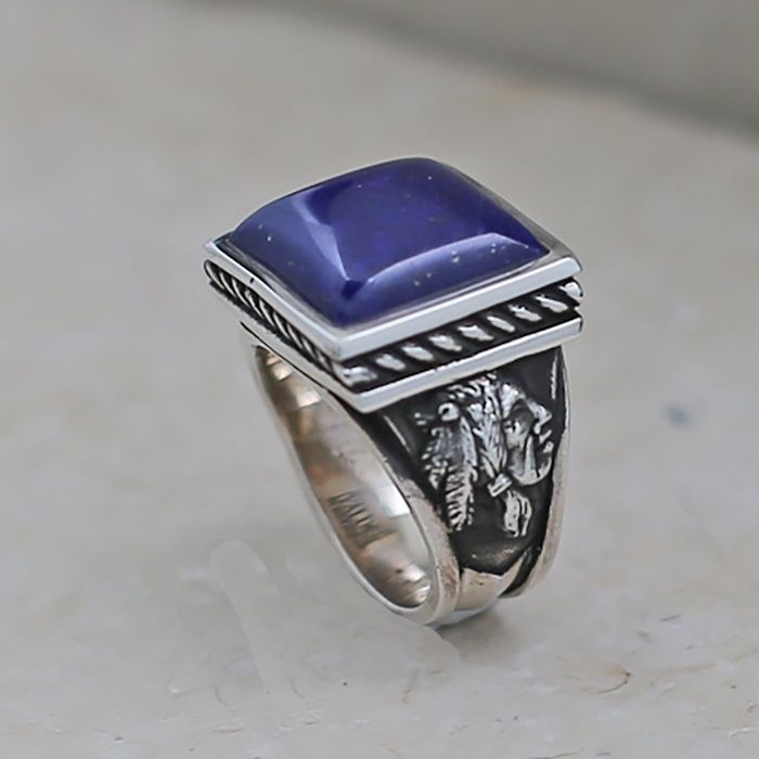 Square lapis stone ring w/ Indian warrior