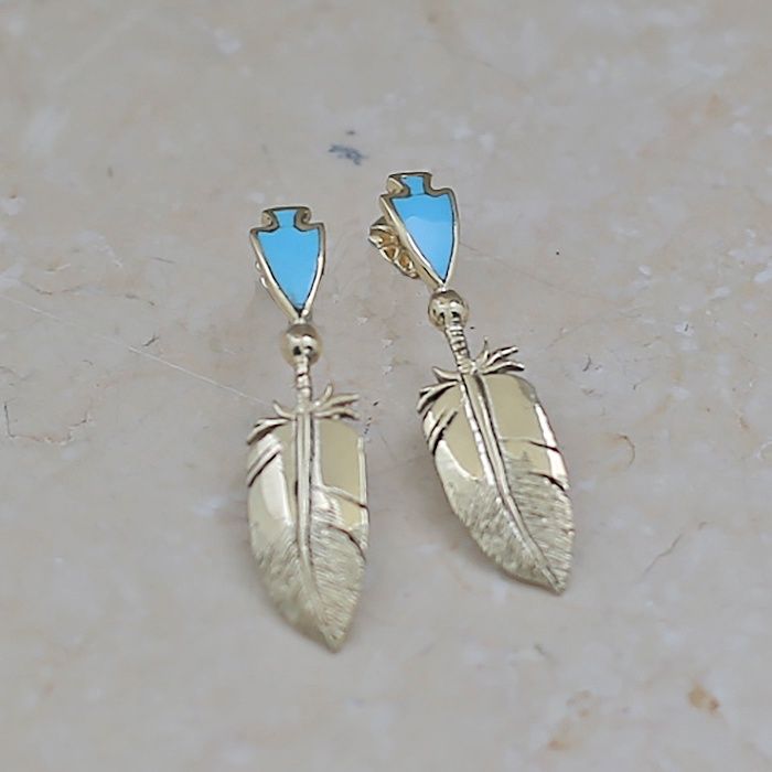 Feather &amp; Arrowhead -14kt. Gold earrings