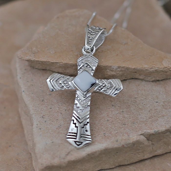 Medium cross pendant w/ White Buffalo stone