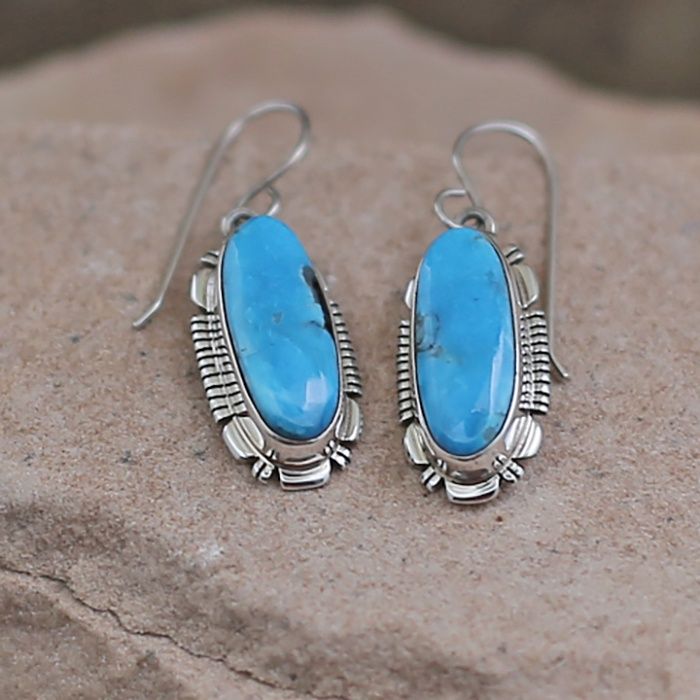 Small oval Kingman turquoise dangle earrings