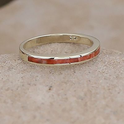 Thin stackable ring in 14kt gold &amp; red spiny oyster shell