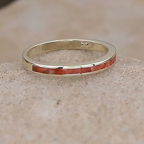 Thin stackable ring in 14kt gold &amp; red spiny oyster shell