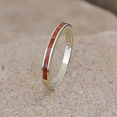 Thin stackable ring in 14kt gold &amp; red spiny oyster shell