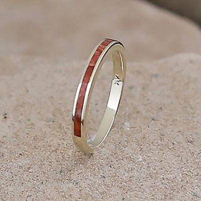 Thin stackable ring in 14kt gold &amp; red spiny oyster shell