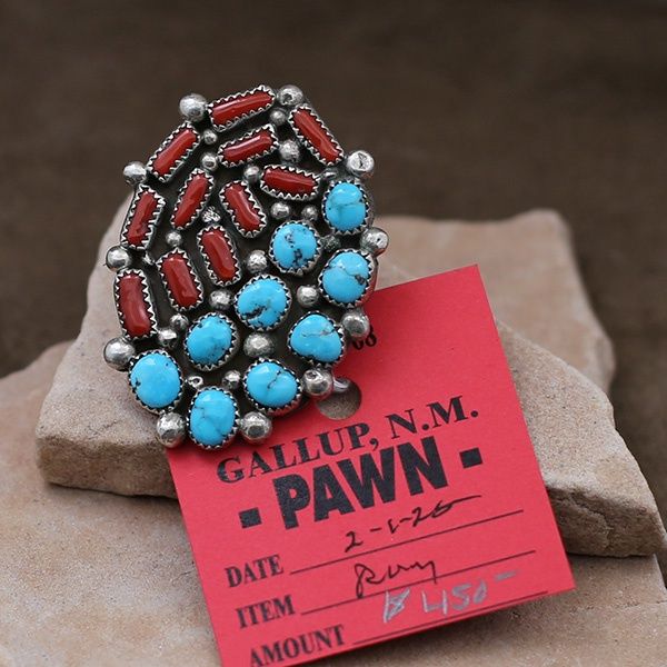 Large Navajo turquoise &amp; coral cluster ring