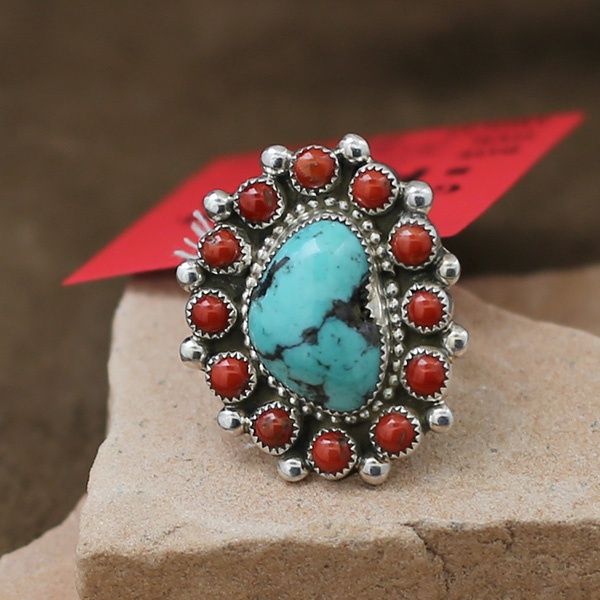 Turquoise nugget &amp; Coral cluster adjustable ring