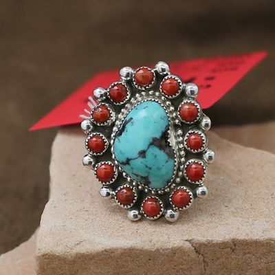 Turquoise nugget &amp; Coral cluster adjustable ring