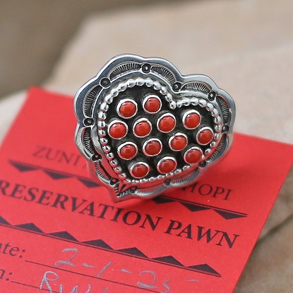 Navajo heart ring w/ coral cluster
