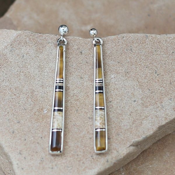 Elongated triangle inlay dangle earrings