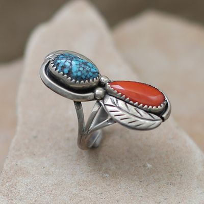 Navajo coral &amp; spiderweb turquoise ring