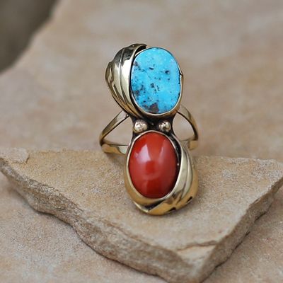 1970&#39;s 14kt gold ring w/ turquoise &amp; coral