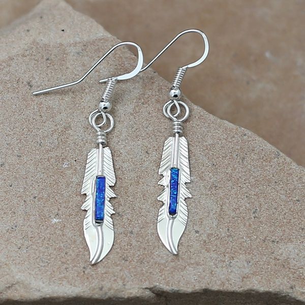 Navajo feather earrings w/ blue cultured opal