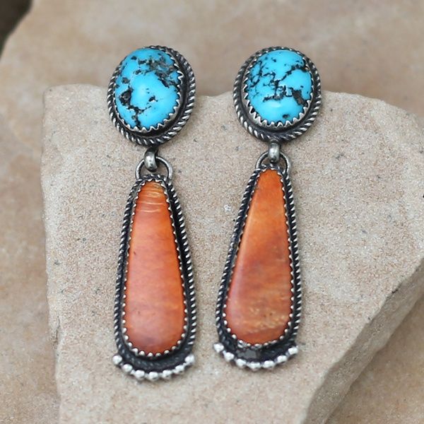Large Navajo dangle earrings w/ turquoise &amp; spiny oyster shell