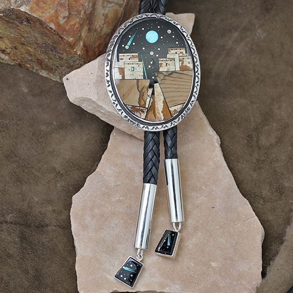 Adobe Pueblo oval bolo tie- Calvin Begay